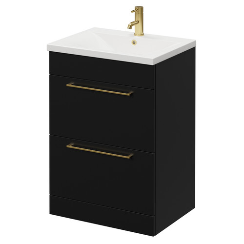Napoli Matt Black 600mm Floor Standing Vanity Unit with 1 Tap Hole Basin and 2 Drawers with Brushed Brass Handles Right Hand View