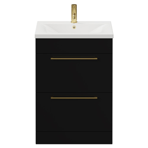 Napoli Matt Black 600mm Floor Standing Vanity Unit with 1 Tap Hole Basin and 2 Drawers with Brushed Brass Handles View from Front