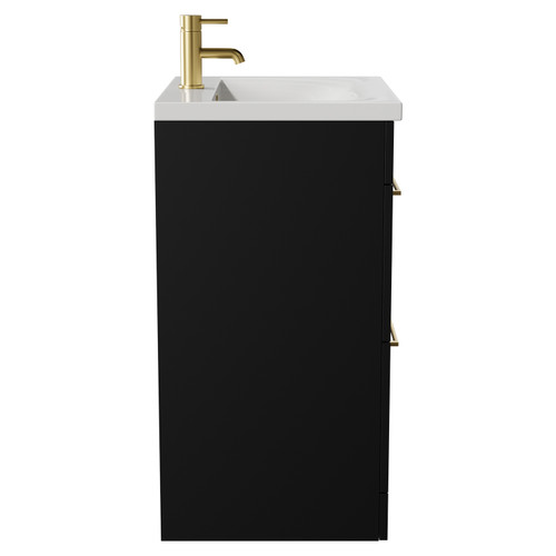 Napoli Matt Black 600mm Floor Standing Vanity Unit with 1 Tap Hole Basin and 2 Drawers with Brushed Brass Handles View from Side