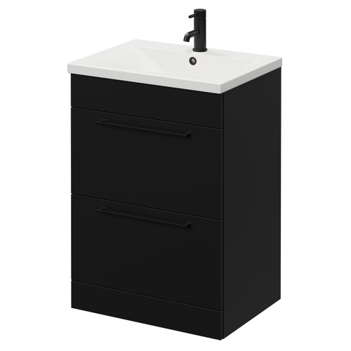 Napoli Matt Black 600mm Floor Standing Vanity Unit with 1 Tap Hole Basin and 2 Drawers with Matt Black Handles Right Hand View