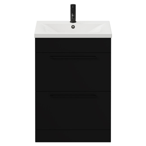 Napoli Matt Black 600mm Floor Standing Vanity Unit with 1 Tap Hole Basin and 2 Drawers with Matt Black Handles View from Front