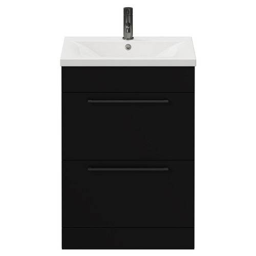 Napoli Matt Black 600mm Floor Standing Vanity Unit with 1 Tap Hole Basin and 2 Drawers with Gunmetal Grey Handles View from Front