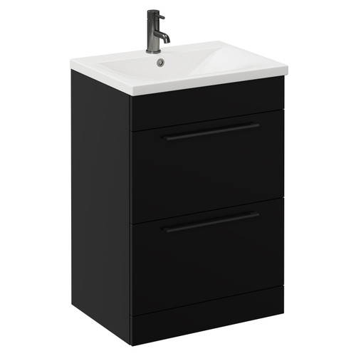 Napoli Matt Black 600mm Floor Standing Vanity Unit with 1 Tap Hole Basin and 2 Drawers with Gunmetal Grey Handles Left Hand View