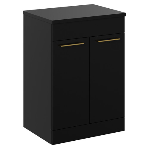 Napoli Matt Black 600mm Floor Standing Vanity Unit for Countertop Basins with 2 Doors and Brushed Brass Handles Left Hand View