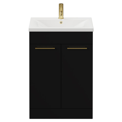 Napoli Matt Black 600mm Floor Standing Vanity Unit with 1 Tap Hole Basin and 2 Doors with Brushed Brass Handles View from Front