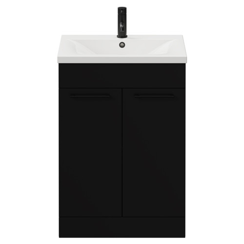 Napoli Matt Black 600mm Floor Standing Vanity Unit with 1 Tap Hole Basin and 2 Doors with Matt Black Handles View from Front