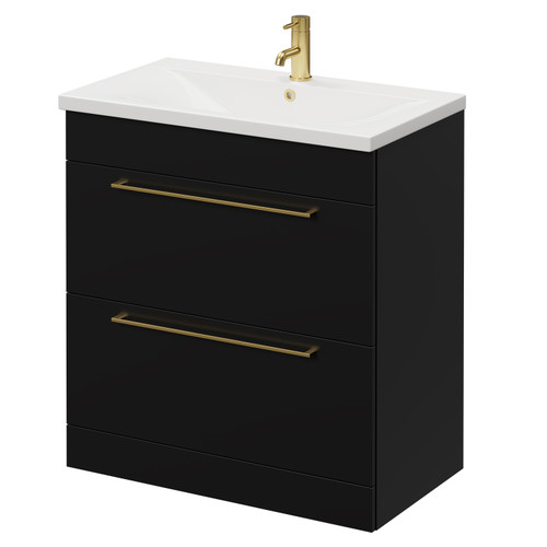 Napoli Matt Black 800mm Floor Standing Vanity Unit with 1 Tap Hole Basin and 2 Drawers with Brushed Brass Handles Right Hand View