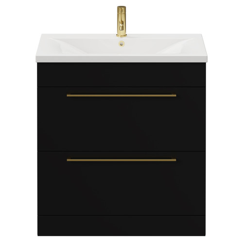 Napoli Matt Black 800mm Floor Standing Vanity Unit with 1 Tap Hole Basin and 2 Drawers with Brushed Brass Handles View from Front
