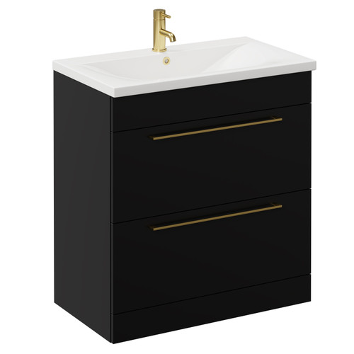 Napoli Matt Black 800mm Floor Standing Vanity Unit with 1 Tap Hole Basin and 2 Drawers with Brushed Brass Handles Left Hand View