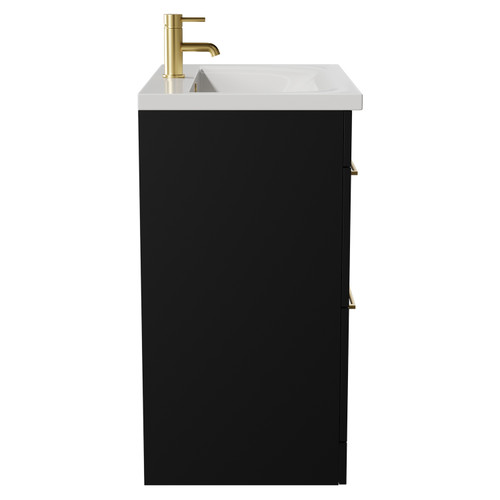 Napoli Matt Black 800mm Floor Standing Vanity Unit with 1 Tap Hole Basin and 2 Drawers with Brushed Brass Handles View from Side