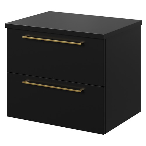 Napoli Matt Black 600mm Wall Mounted Vanity Unit for Countertop Basins with 2 Drawers and Brushed Brass Handles Right Hand View
