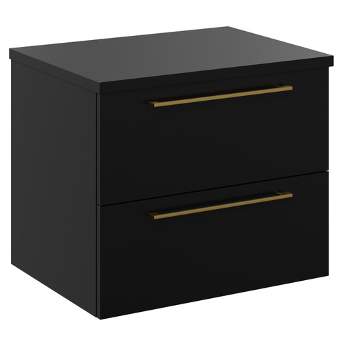 Napoli Matt Black 600mm Wall Mounted Vanity Unit for Countertop Basins with 2 Drawers and Brushed Brass Handles Left Hand View