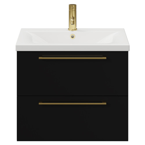 Napoli Matt Black 600mm Wall Mounted Vanity Unit with 1 Tap Hole Basin and 2 Drawers with Brushed Brass Handles View from Front