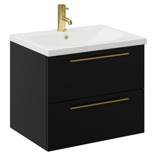 Napoli Matt Black 600mm Wall Mounted Vanity Unit with 1 Tap Hole Basin and 2 Drawers with Brushed Brass Handles Left Hand View