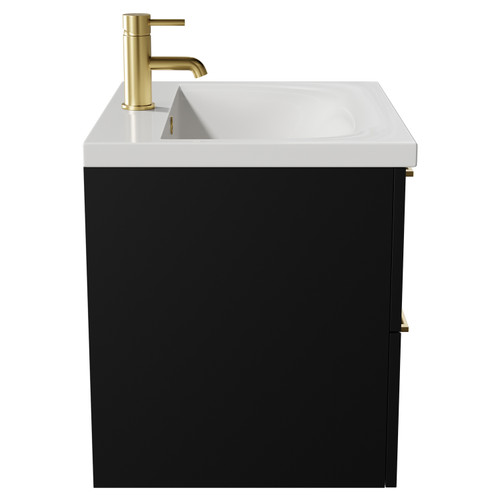 Napoli Matt Black 600mm Wall Mounted Vanity Unit with 1 Tap Hole Basin and 2 Drawers with Brushed Brass Handles View from Side