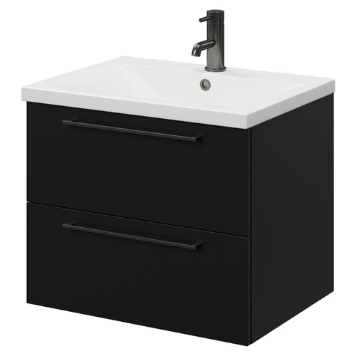 Napoli Matt Black 600mm Wall Mounted Vanity Unit with 1 Tap Hole Basin and 2 Drawers with Gunmetal Grey Handles Right Hand View