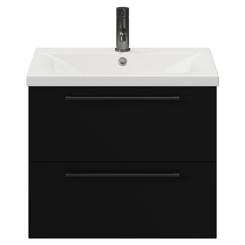 Napoli Matt Black 600mm Wall Mounted Vanity Unit with 1 Tap Hole Basin and 2 Drawers with Gunmetal Grey Handles View from Front
