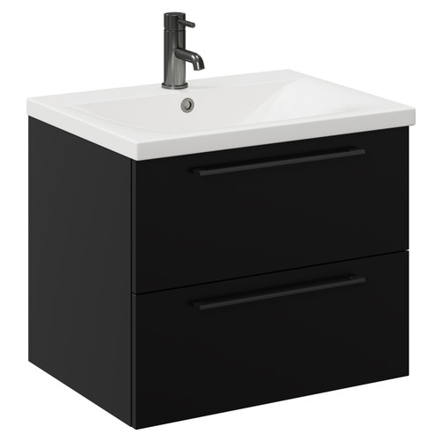 Napoli Matt Black 600mm Wall Mounted Vanity Unit with 1 Tap Hole Basin and 2 Drawers with Gunmetal Grey Handles Left Hand View