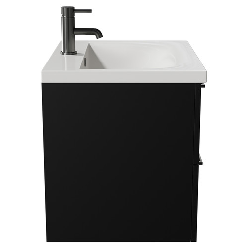 Napoli Matt Black 600mm Wall Mounted Vanity Unit with 1 Tap Hole Basin and 2 Drawers with Gunmetal Grey Handles View from Side