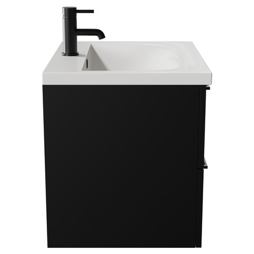 Napoli Matt Black 600mm Wall Mounted Vanity Unit with 1 Tap Hole Basin and 2 Drawers with Matt Black Handles View from Side