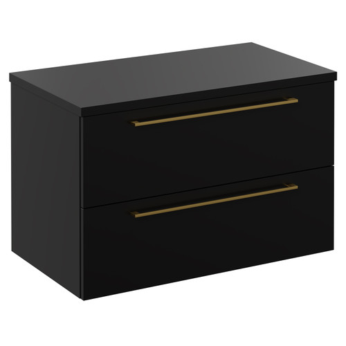 Napoli Matt Black 800mm Wall Mounted Vanity Unit for Countertop Basins with 2 Drawers and Brushed Brass Handles Left Hand View