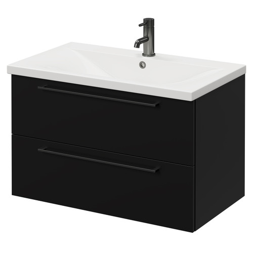Napoli Matt Black 800mm Wall Mounted Vanity Unit with 1 Tap Hole Basin and 2 Drawers with Gunmetal Grey Handles Right Hand View