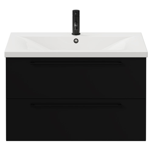 Napoli Matt Black 800mm Wall Mounted Vanity Unit with 1 Tap Hole Basin and 2 Drawers with Matt Black Handles View from Front