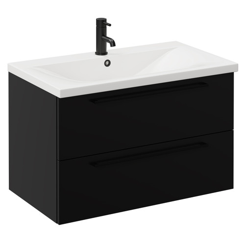 Napoli Matt Black 800mm Wall Mounted Vanity Unit with 1 Tap Hole Basin and 2 Drawers with Matt Black Handles Left Hand View