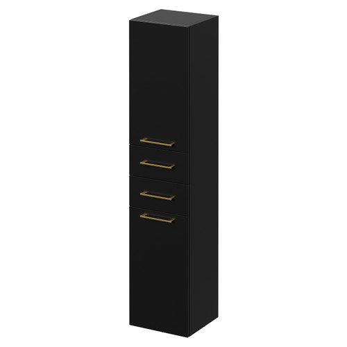 Napoli Matt Black 350mm x 1600mm Wall Mounted Tall Storage Unit with 2 Doors 2 Drawers and Brushed Brass Handles Right Hand View