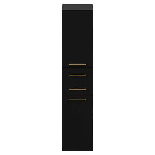 Napoli Matt Black 350mm x 1600mm Wall Mounted Tall Storage Unit with 2 Doors 2 Drawers and Brushed Brass Handles View from Front