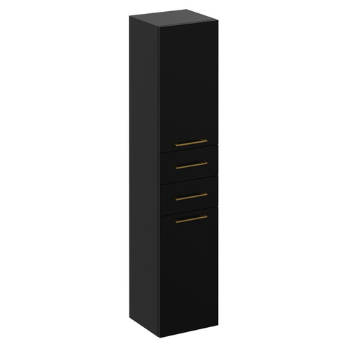 Napoli Matt Black 350mm x 1600mm Wall Mounted Tall Storage Unit with 2 Doors 2 Drawers and Brushed Brass Handles Left Hand View