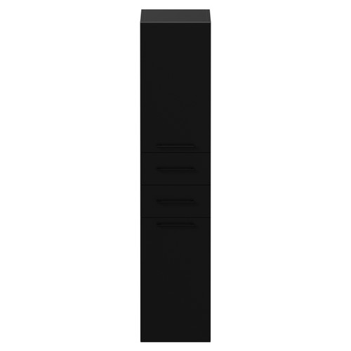 Napoli Matt Black 350mm x 1600mm Wall Mounted Tall Storage Unit with 2 Doors 2 Drawers and Matt Black Handles View from Front