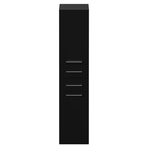 Napoli Matt Black 350mm x 1600mm Wall Mounted Tall Storage Unit with 2 Doors 2 Drawers and Chrome Handles View from Front