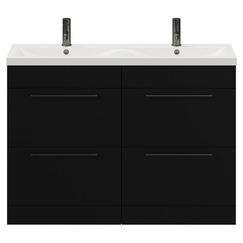 Napoli Matt Black 1200mm Floor Standing Vanity Unit with Ceramic Double Basin and 4 Drawers with Gunmetal Grey Handles View from Front