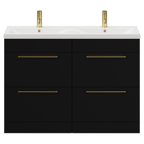 Napoli Matt Black 1200mm Floor Standing Vanity Unit with Ceramic Double Basin and 4 Drawers with Brushed Brass Handles View from Front
