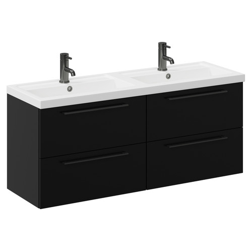 Napoli Matt Black 1200mm Wall Mounted Vanity Unit with Polymarble Double Basin and 4 Drawers with Gunmetal Grey Handles Left Hand View