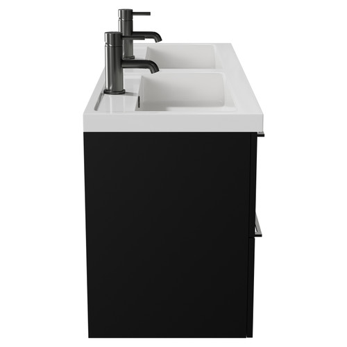 Napoli Matt Black 1200mm Wall Mounted Vanity Unit with Polymarble Double Basin and 4 Drawers with Gunmetal Grey Handles View from Side