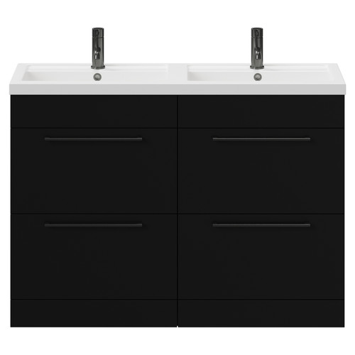 Napoli Matt Black 1200mm Floor Standing Vanity Unit with Polymarble Double Basin and 4 Drawers with Gunmetal Grey Handles View from Front