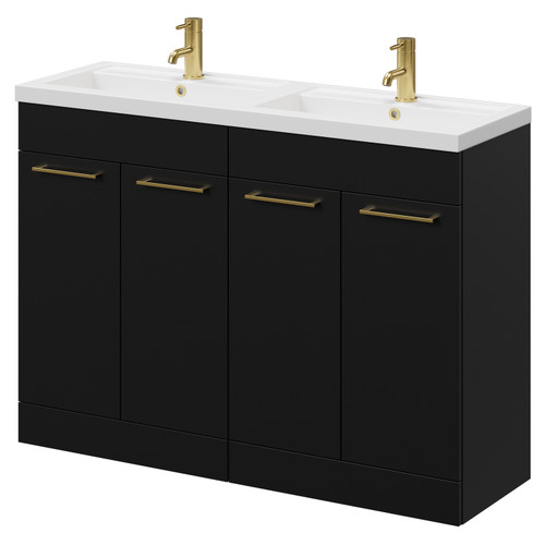 Napoli Matt Black 1200mm Floor Standing Vanity Unit with Polymarble Double Basin and 4 Doors with Brushed Brass Handles Right Hand View