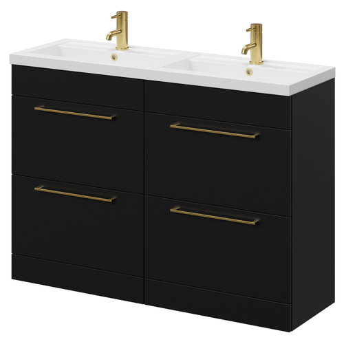 Napoli Matt Black 1200mm Floor Standing Vanity Unit with Polymarble Double Basin and 4 Drawers with Brushed Brass Handles Right Hand View