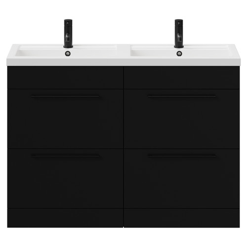 Napoli Matt Black 1200mm Floor Standing Vanity Unit with Polymarble Double Basin and 4 Drawers with Matt Black Handles View from Front