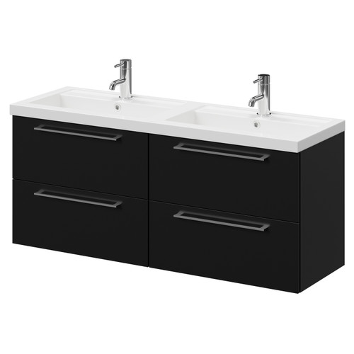 Napoli Matt Black 1200mm Wall Mounted Vanity Unit with Polymarble Double Basin and 4 Drawers with Chrome Handles Right Hand View