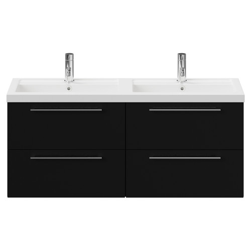 Napoli Matt Black 1200mm Wall Mounted Vanity Unit with Polymarble Double Basin and 4 Drawers with Chrome Handles View from Front