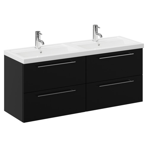 Napoli Matt Black 1200mm Wall Mounted Vanity Unit with Polymarble Double Basin and 4 Drawers with Chrome Handles Left Hand View