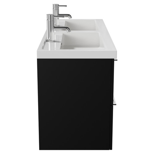 Napoli Matt Black 1200mm Wall Mounted Vanity Unit with Polymarble Double Basin and 4 Drawers with Chrome Handles View from Side
