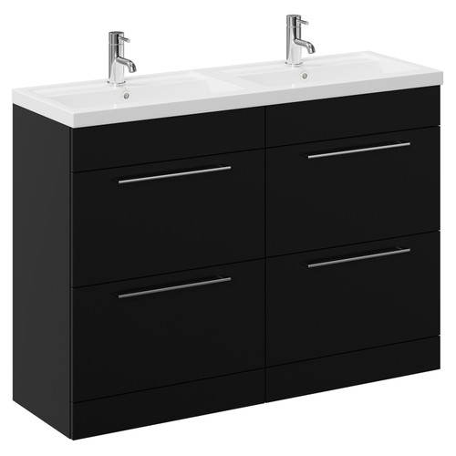 Napoli Matt Black 1200mm Floor Standing Vanity Unit with Polymarble Double Basin and 4 Drawers with Chrome Handles Left Hand View