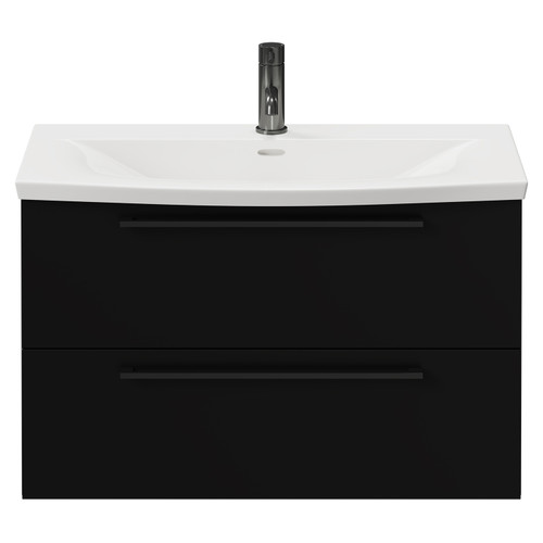 Napoli Matt Black 800mm Wall Mounted Vanity Unit with 1 Tap Hole Curved Basin and 2 Drawers with Gunmetal Grey Handles View from Front
