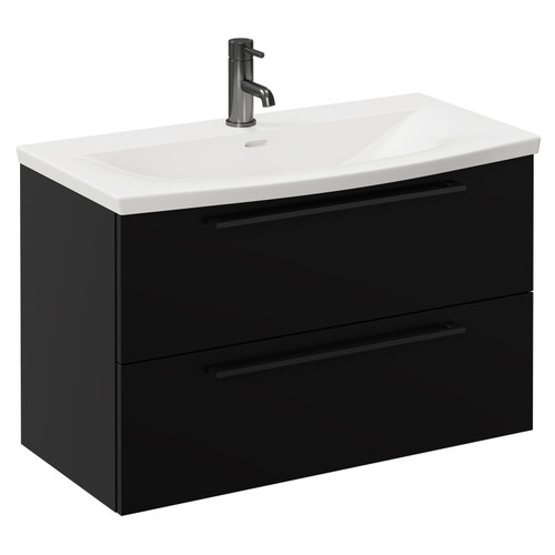 Napoli Matt Black 800mm Wall Mounted Vanity Unit with 1 Tap Hole Curved Basin and 2 Drawers with Gunmetal Grey Handles Left Hand View