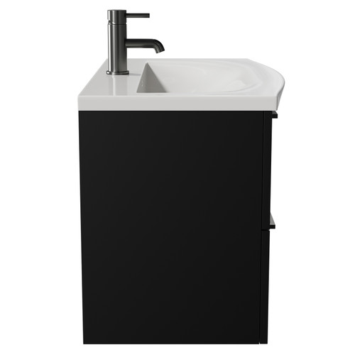Napoli Matt Black 800mm Wall Mounted Vanity Unit with 1 Tap Hole Curved Basin and 2 Drawers with Gunmetal Grey Handles View from Side