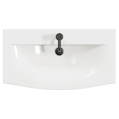 Napoli Matt Black 800mm Wall Mounted Vanity Unit with 1 Tap Hole Curved Basin and 2 Drawers with Gunmetal Grey Handles View from Top